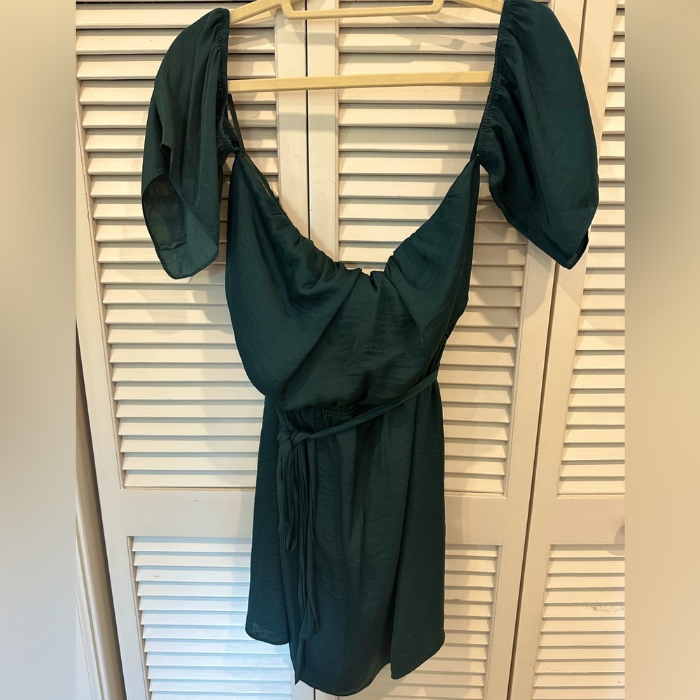 Off the shoulder satin dark green dress